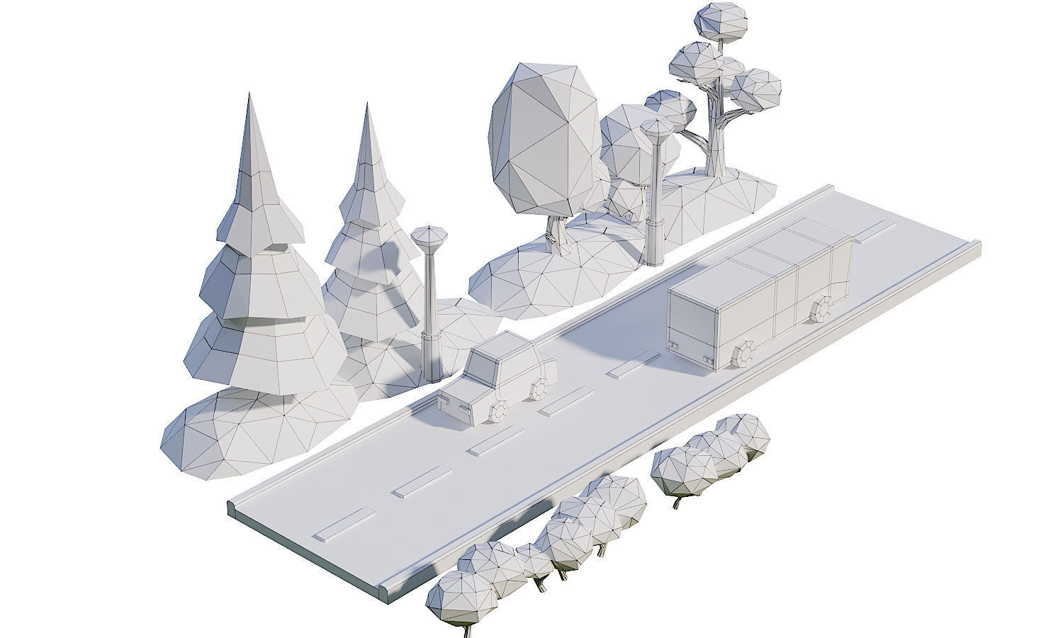 Street Set Lowpoly 3d model bus driving on road with trees Low-poly 3D model_4