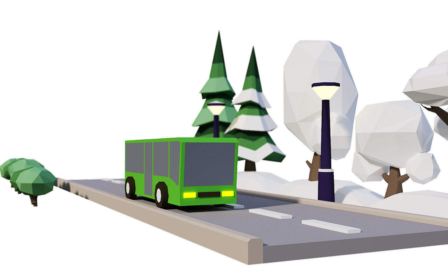 Street Set Lowpoly 3d model bus driving on road with trees Low-poly 3D model_2
