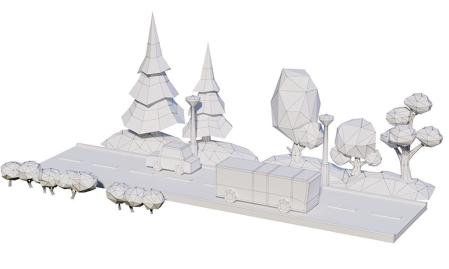 Street Set Lowpoly 3d model bus driving on road with trees Low-poly 3D model_5