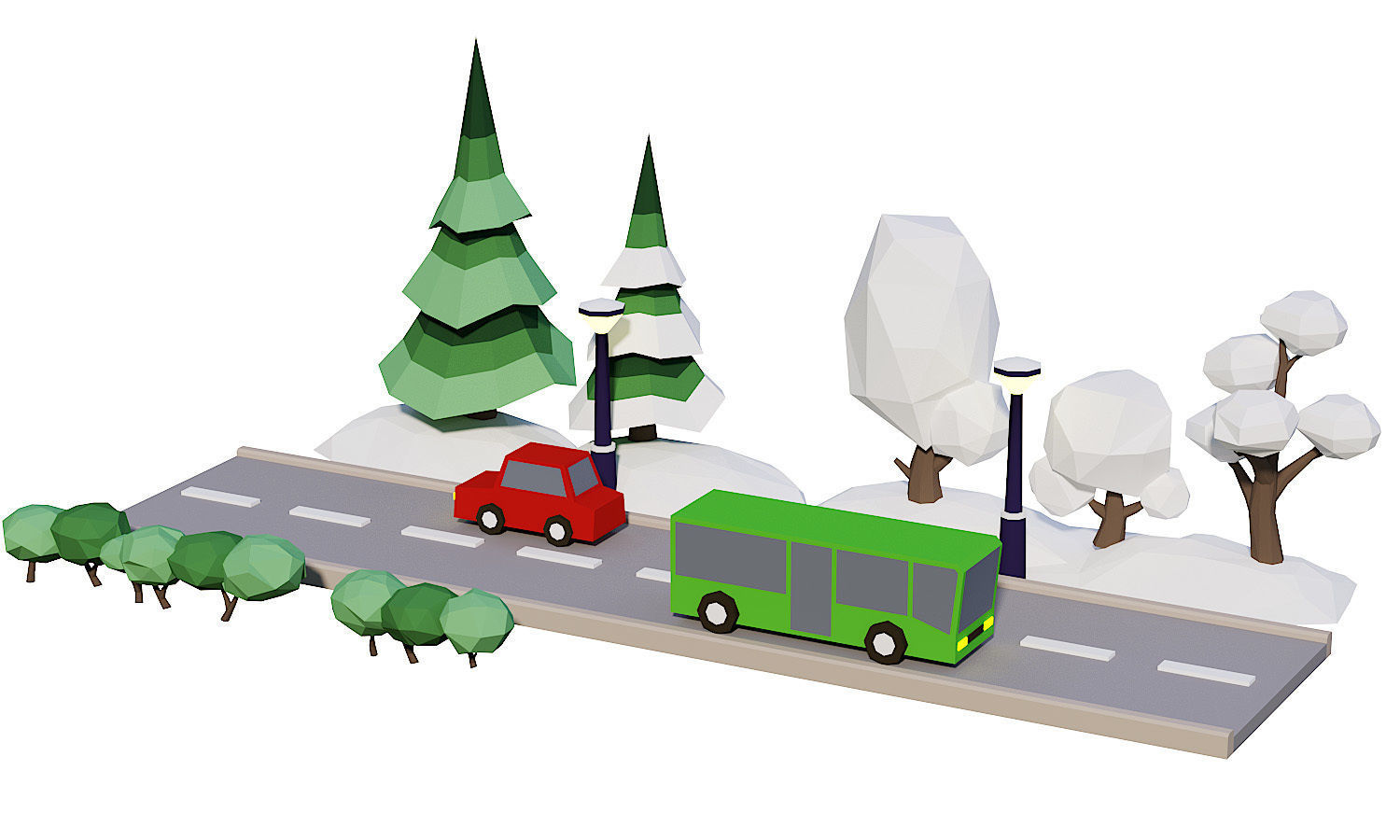 Street Set Lowpoly 3d model bus driving on road with trees Low-poly 3D model_1