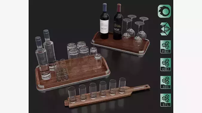 Vodka and Wine bottles with glass on board set 3D model