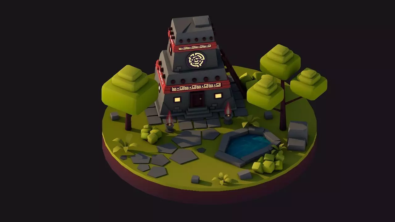 Cartoon Low Poly Aztec Jungle House Illustration Low-poly 3D model