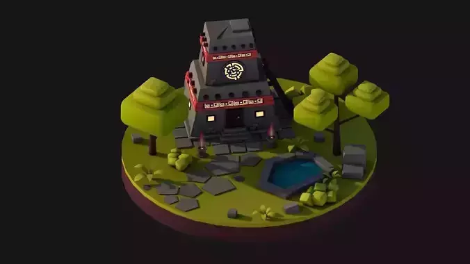 Cartoon Low Poly Aztec Jungle House Illustration