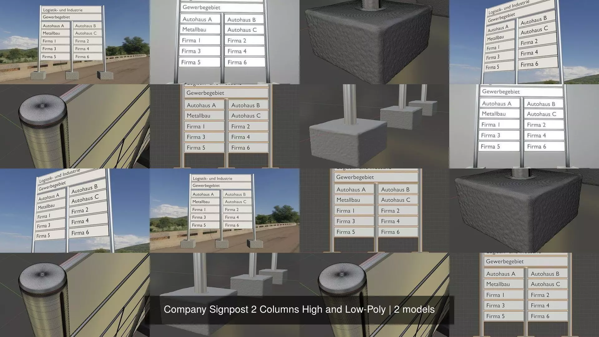 Company Signpost 2 Columns High and Low-Poly 3D Model Collection_0