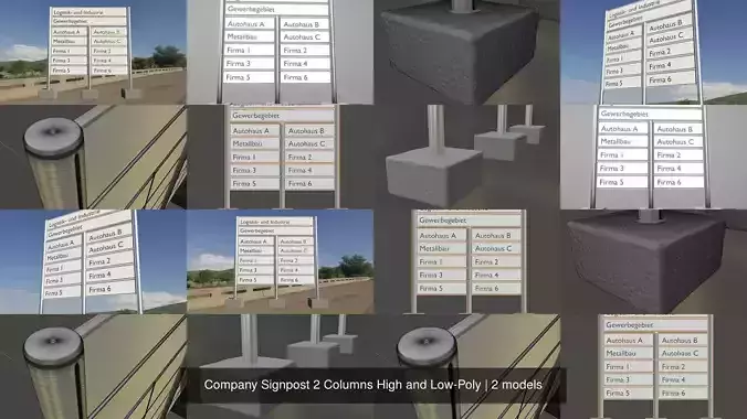 Company Signpost 2 Columns High and Low-Poly 3D Model Collection