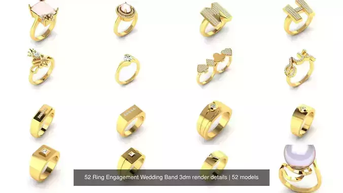 52 Ring Engagement Wedding Band 3dm render details