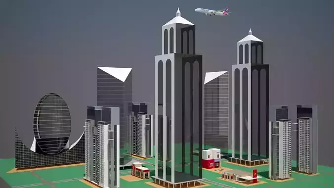 Part of a City with Animated Aircraft 3D model