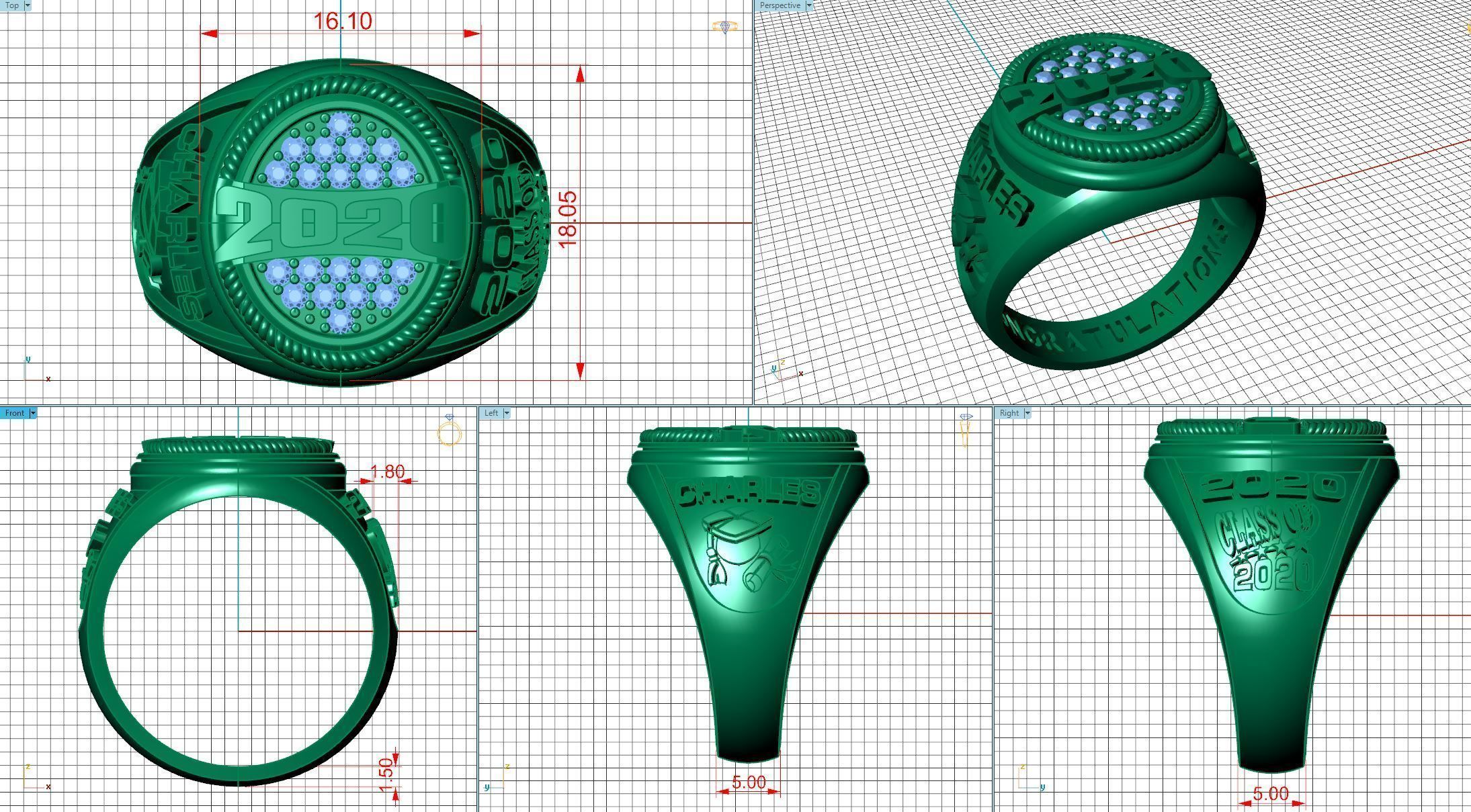 Personalized Class Ring 7 - Oval Gem Pave with Bridge 3D print model_3