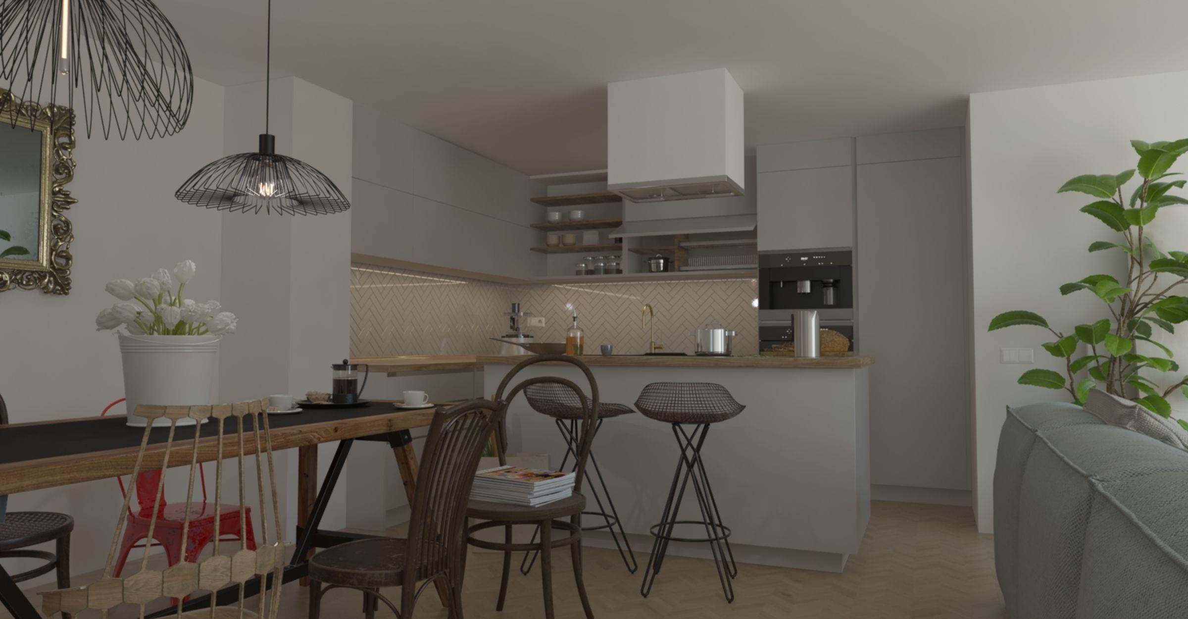 kitchen with stools and mirror 3D model_2