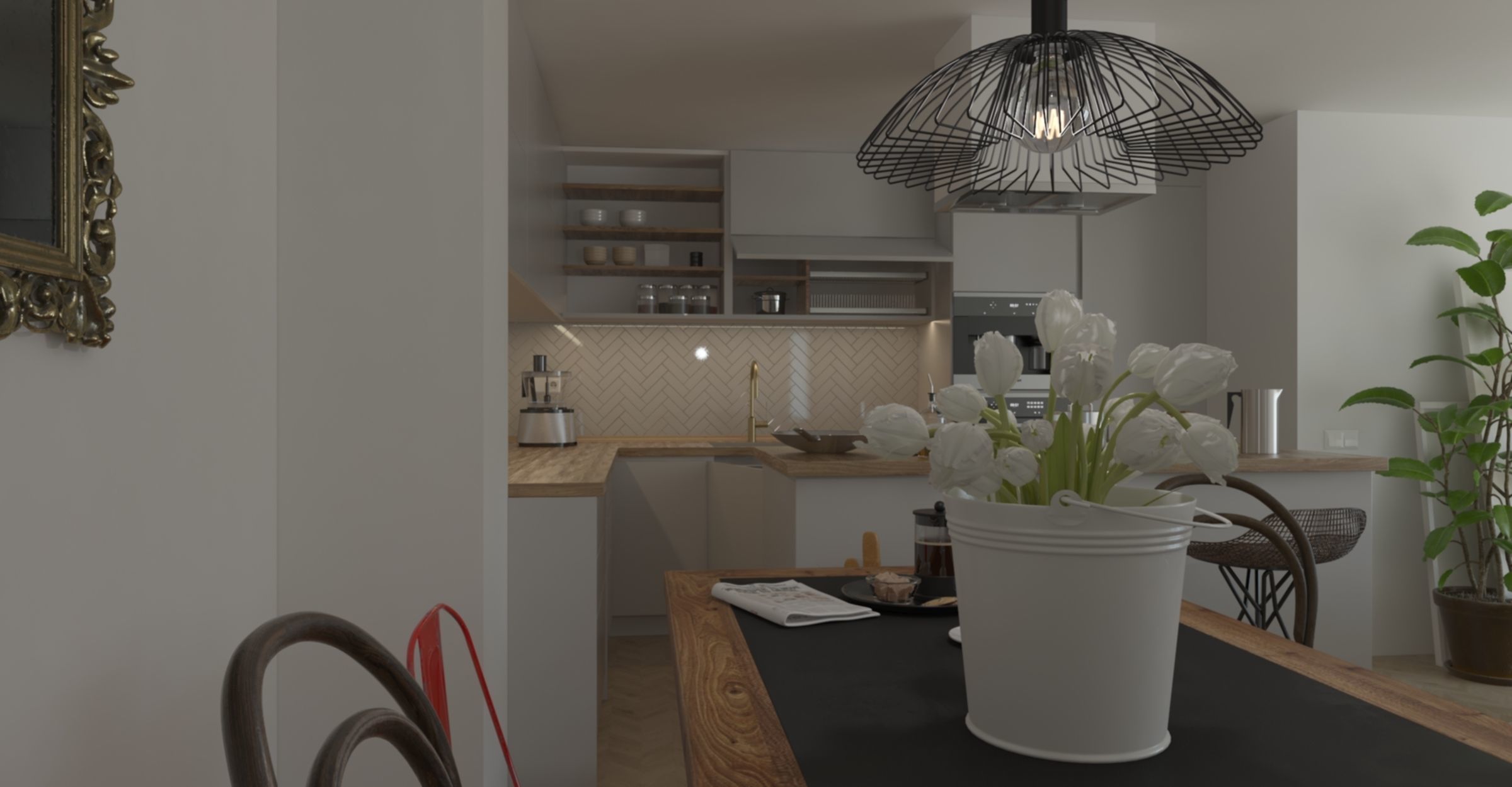 kitchen with stools and mirror 3D model_4