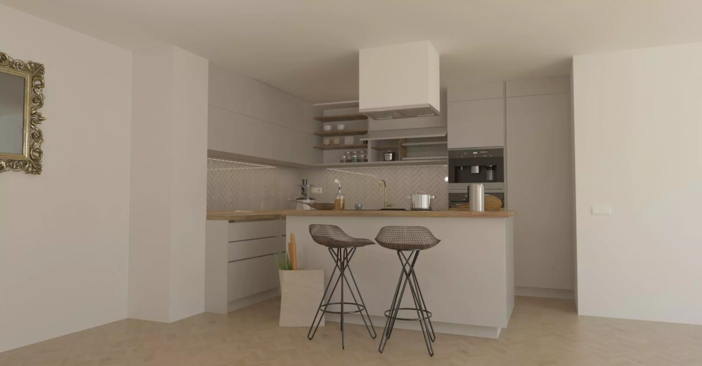 kitchen with stools and mirror 3D model_0