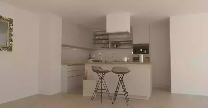 kitchen with stools and mirror 3D model