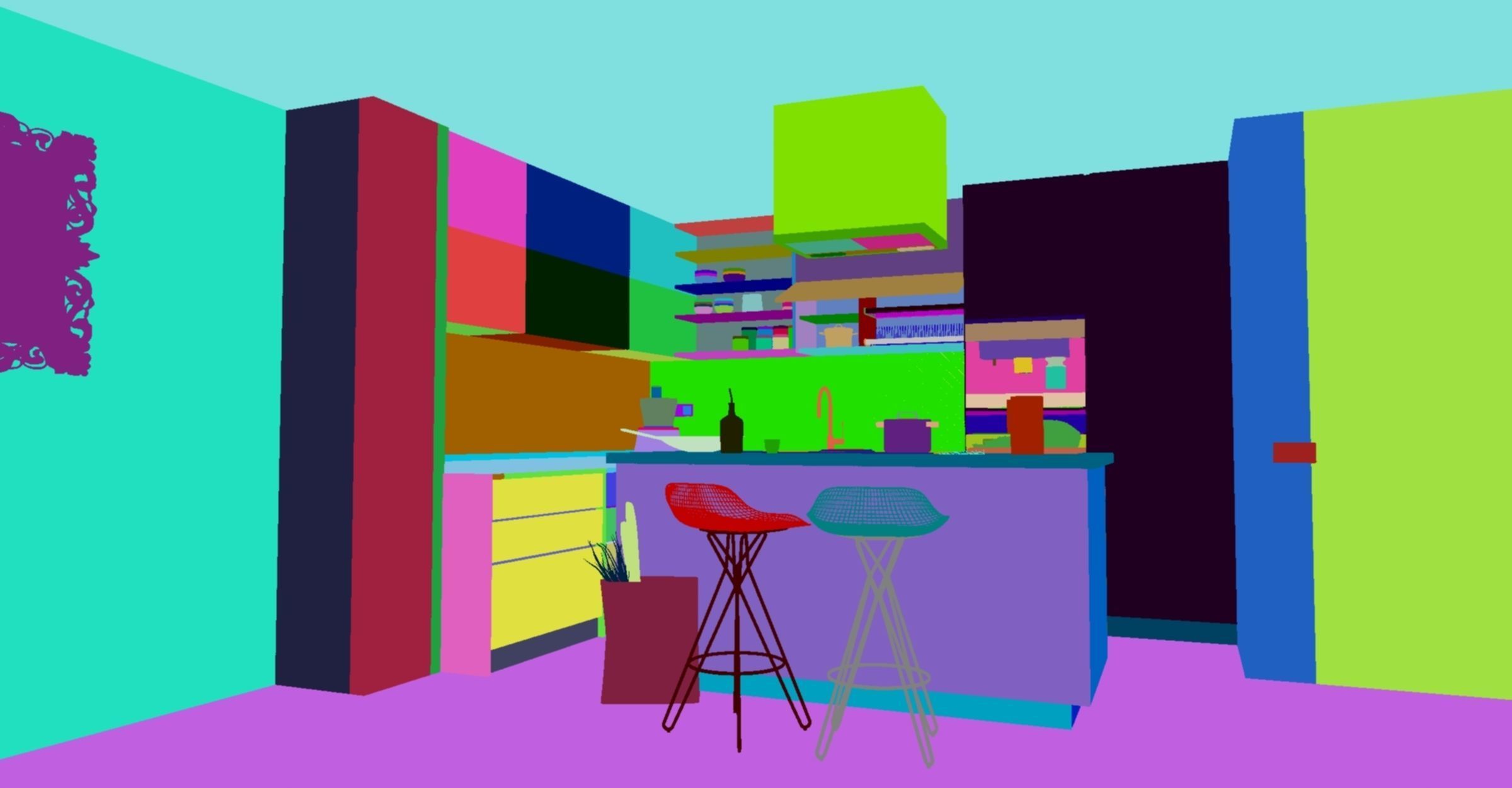 kitchen with stools and mirror 3D model_1