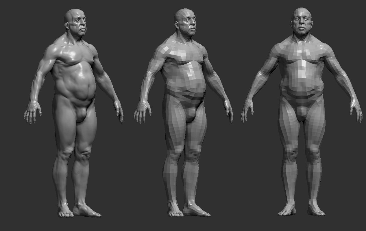 Fat male - 6 subdevisions and 3d printable version  Low-poly 3D model_11