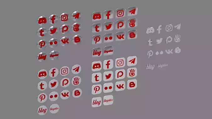 Social media network icons set 1 Low-poly 3D model
