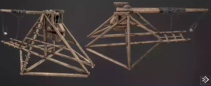 Trebuchet wooden catapult Low-poly 3D model