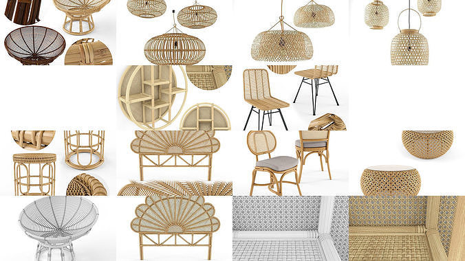 Furniture collection hanging rattan and bamboo furniture set 1 3D Model Pack 4