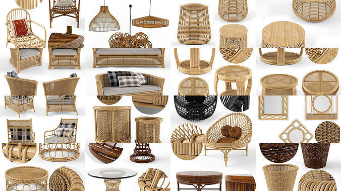 Furniture collection hanging rattan and bamboo furniture set 1 3D Model Pack 2