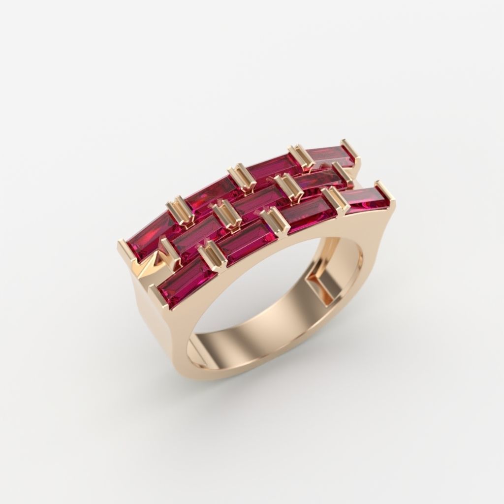 Ring with baguette cut gems 3dm stl 3D print model_3