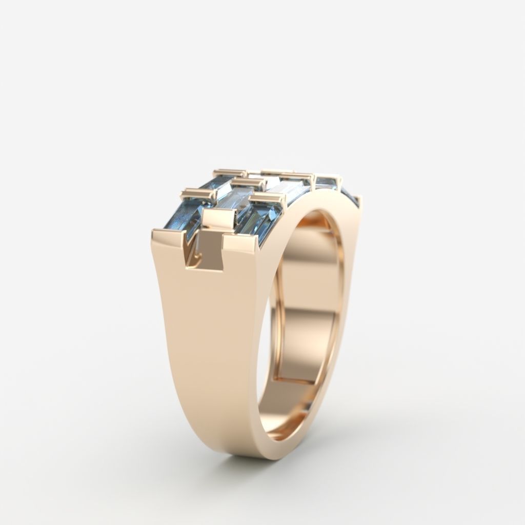 Ring with baguette cut gems 3dm stl 3D print model_7