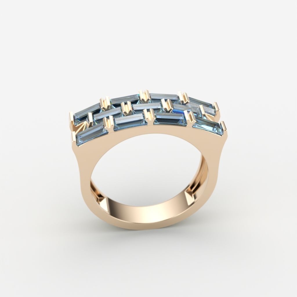 Ring with baguette cut gems 3dm stl 3D print model_5