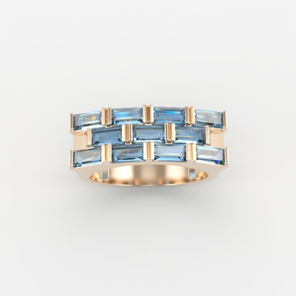 Ring with baguette cut gems 3dm stl 3D print model_8