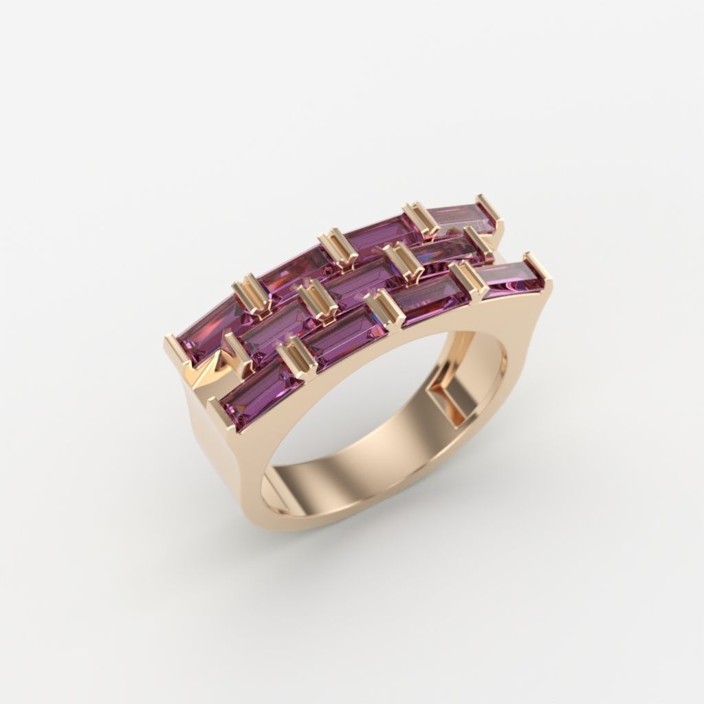 Ring with baguette cut gems 3dm stl 3D print model_2