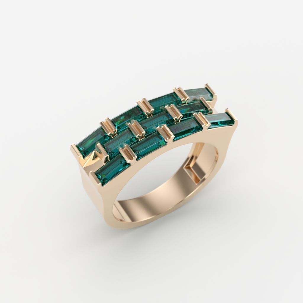 Ring with baguette cut gems 3dm stl 3D print model_1