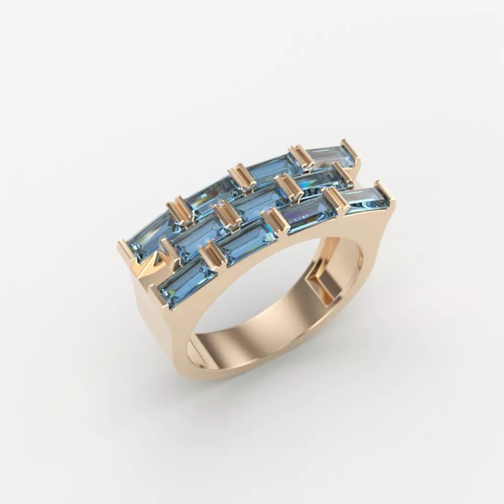 Ring with baguette cut gems 3dm stl 3D print model_0