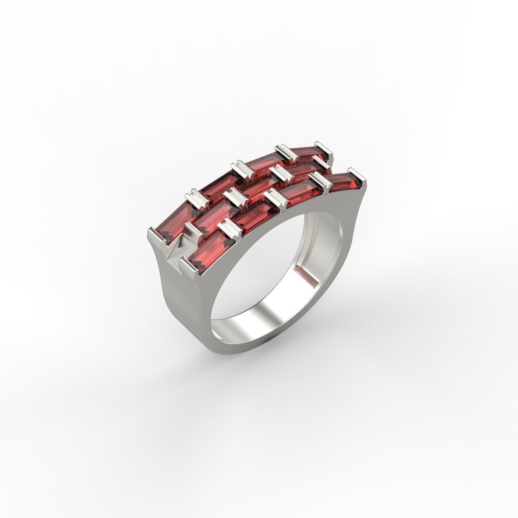Ring with baguette cut gems 3dm stl 3D print model_14