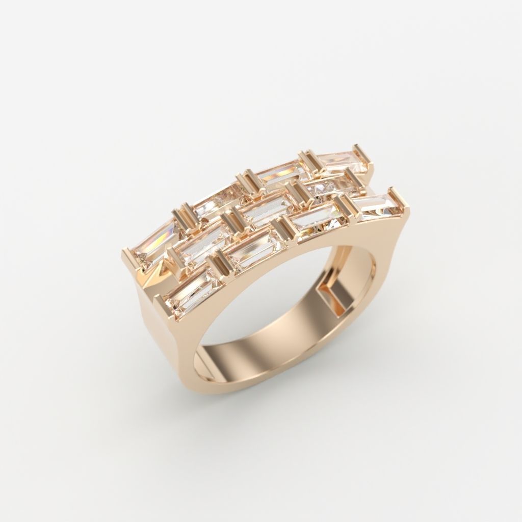 Ring with baguette cut gems 3dm stl 3D print model_4