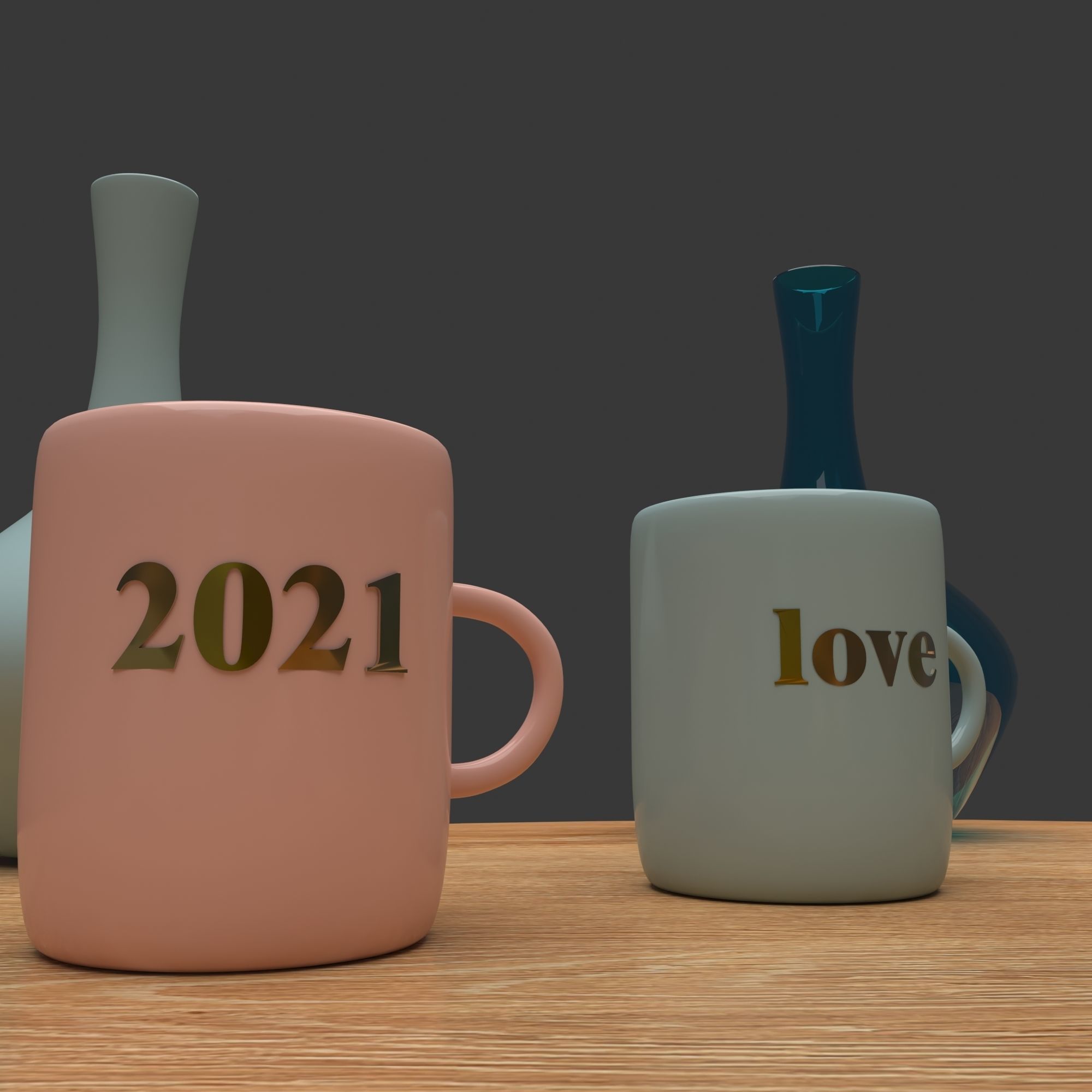 glasses jug types and round tray on the coffee table 3D model