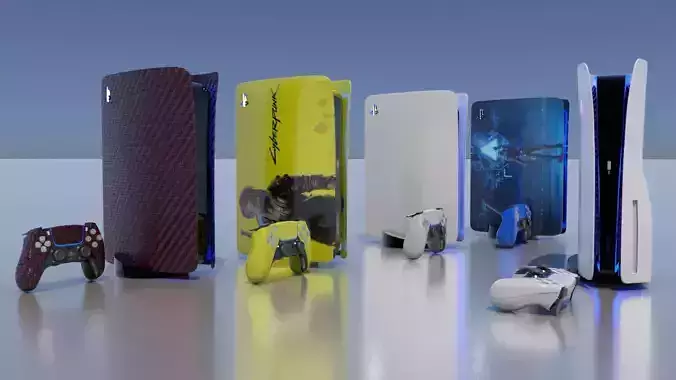 Playstation 5 group of different textured gaming consoles