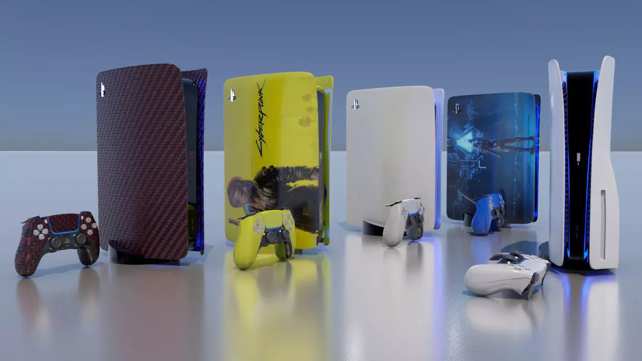 Playstation 5 group of different textured gaming consoles 3D model
