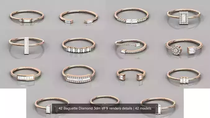 42 Baguette Diamond 3dm stl 9 renders details 3D Model Collection