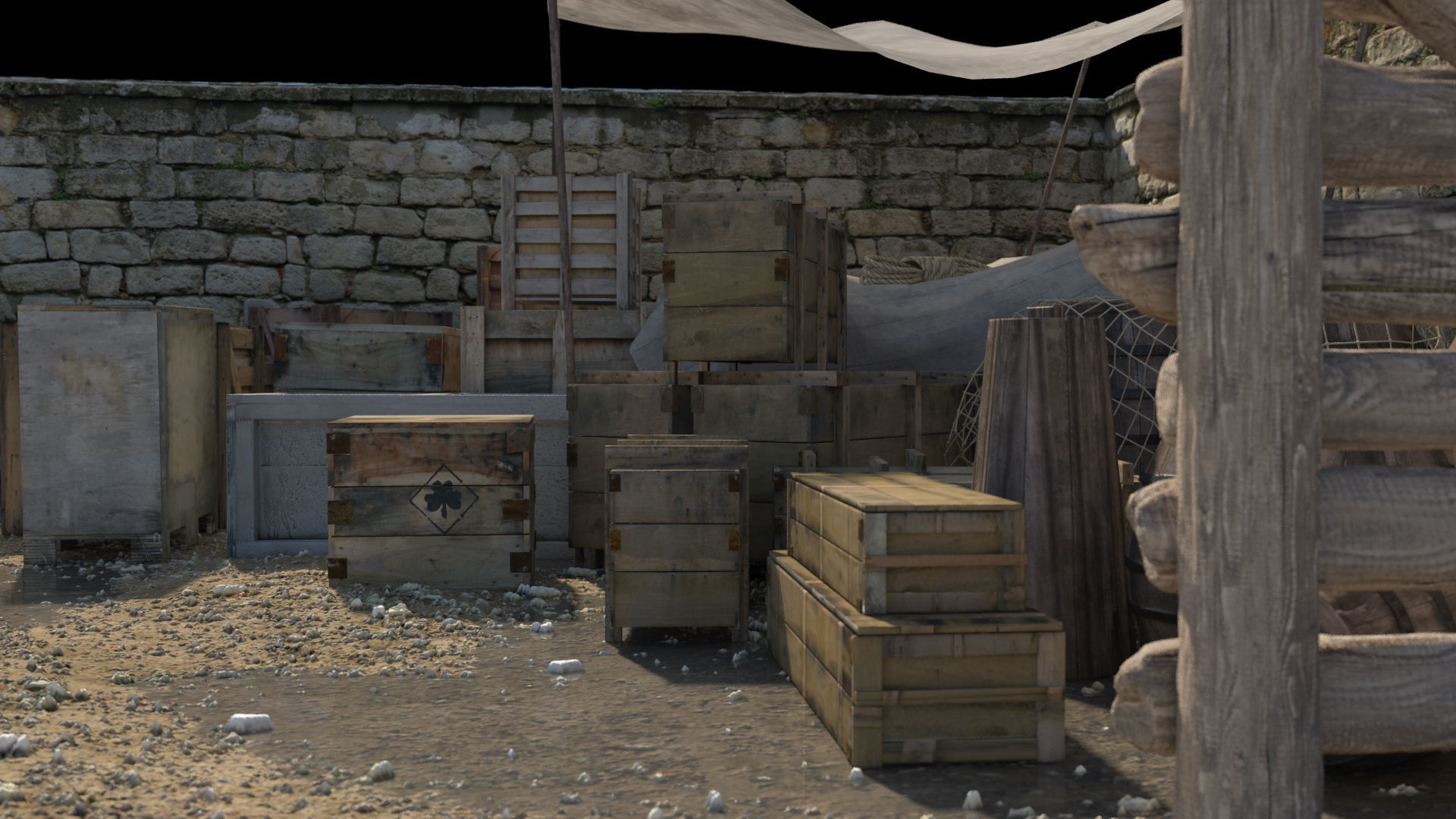 Realistic Wooden Box and Barrels 3D model_2