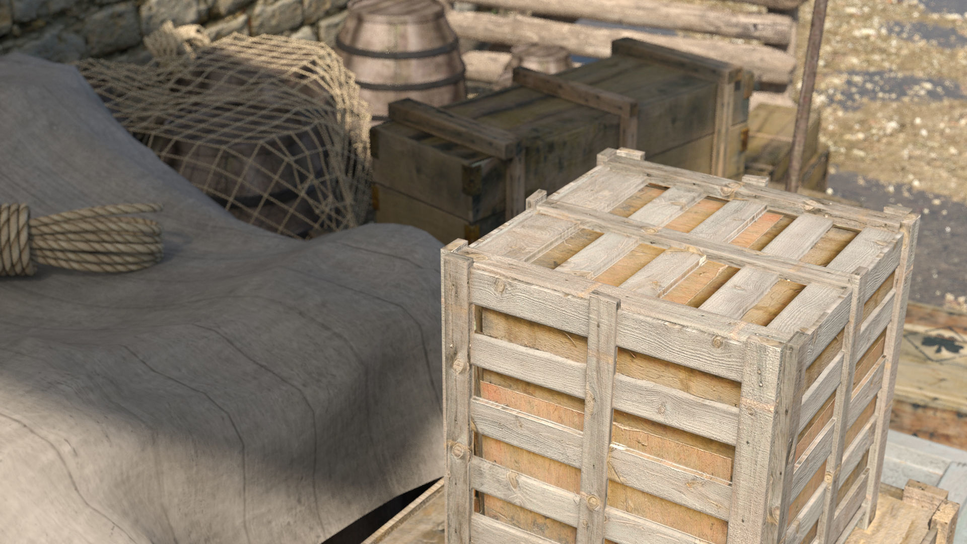 Realistic Wooden Box and Barrels 3D model_8