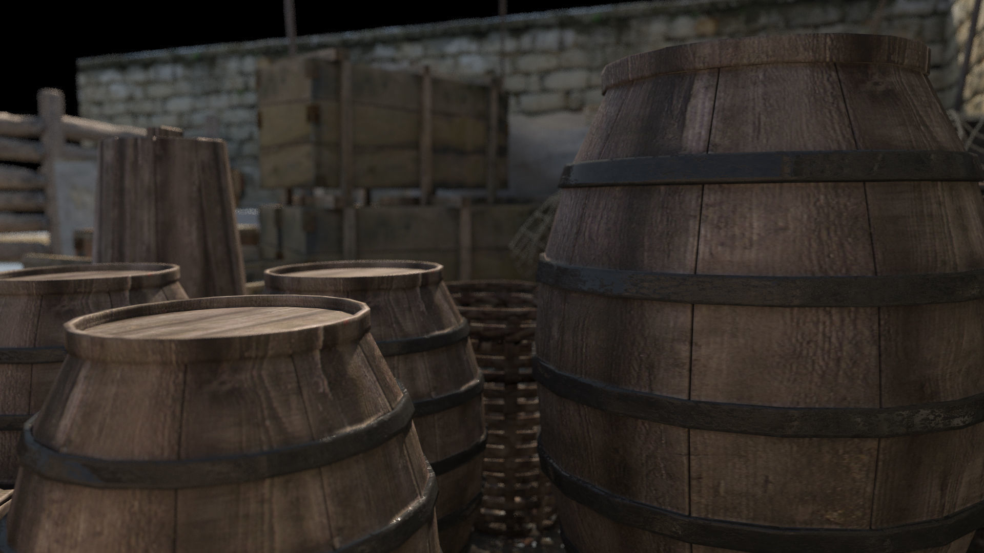 Realistic Wooden Box and Barrels 3D model_7