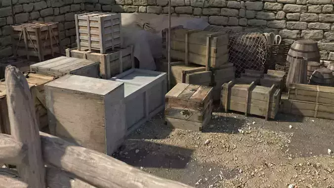 Realistic Wooden Box and Barrels