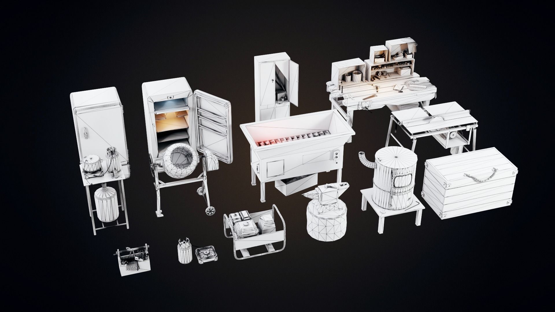 Set of workbenches and tools Low-poly 3D model_1