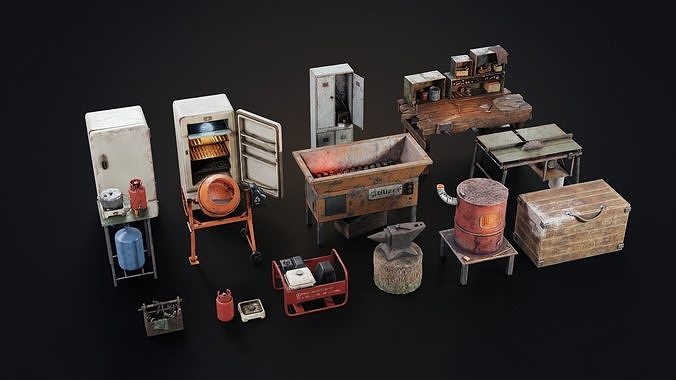 Set of workbenches and tools Low-poly 3D model