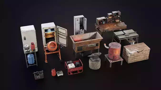 Set of workbenches and tools Low-poly 3D model