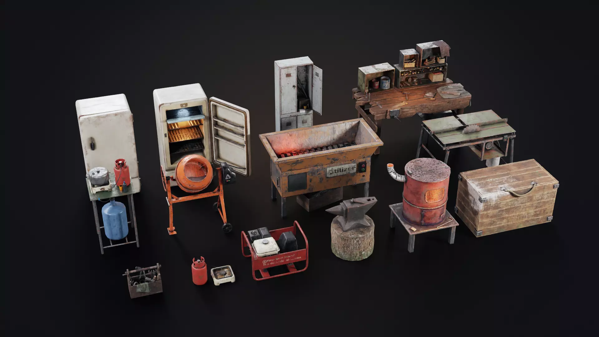 Set of workbenches and tools Low-poly 3D model_0
