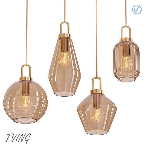 TVING four glass pendant lights hanging from gold chain 3D model