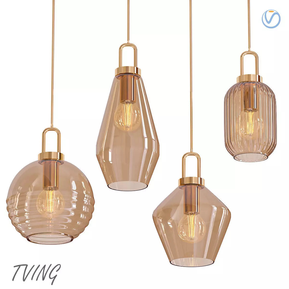 TVING four glass pendant lights hanging from gold chain 3D model_0