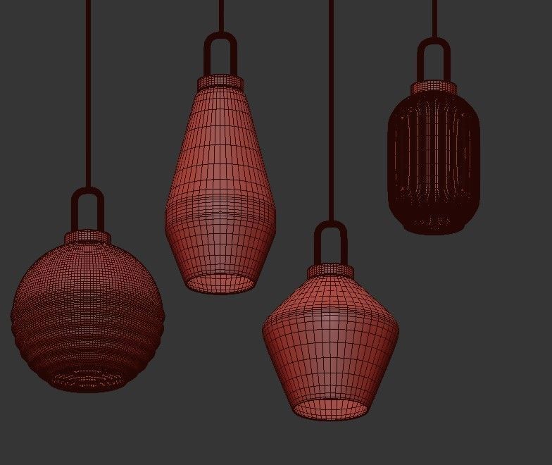 TVING four glass pendant lights hanging from gold chain 3D model_2