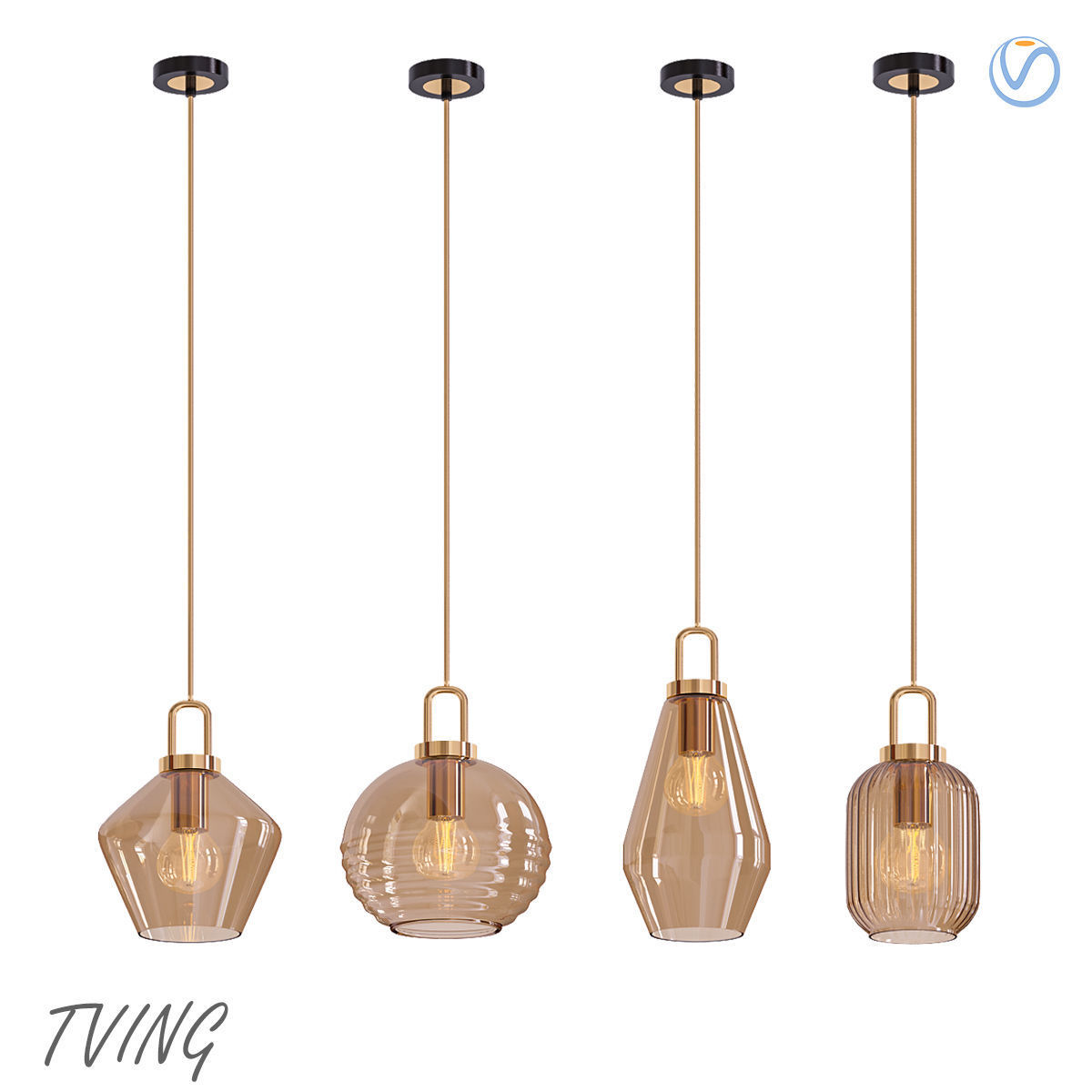 TVING four glass pendant lights hanging from gold chain 3D model_1