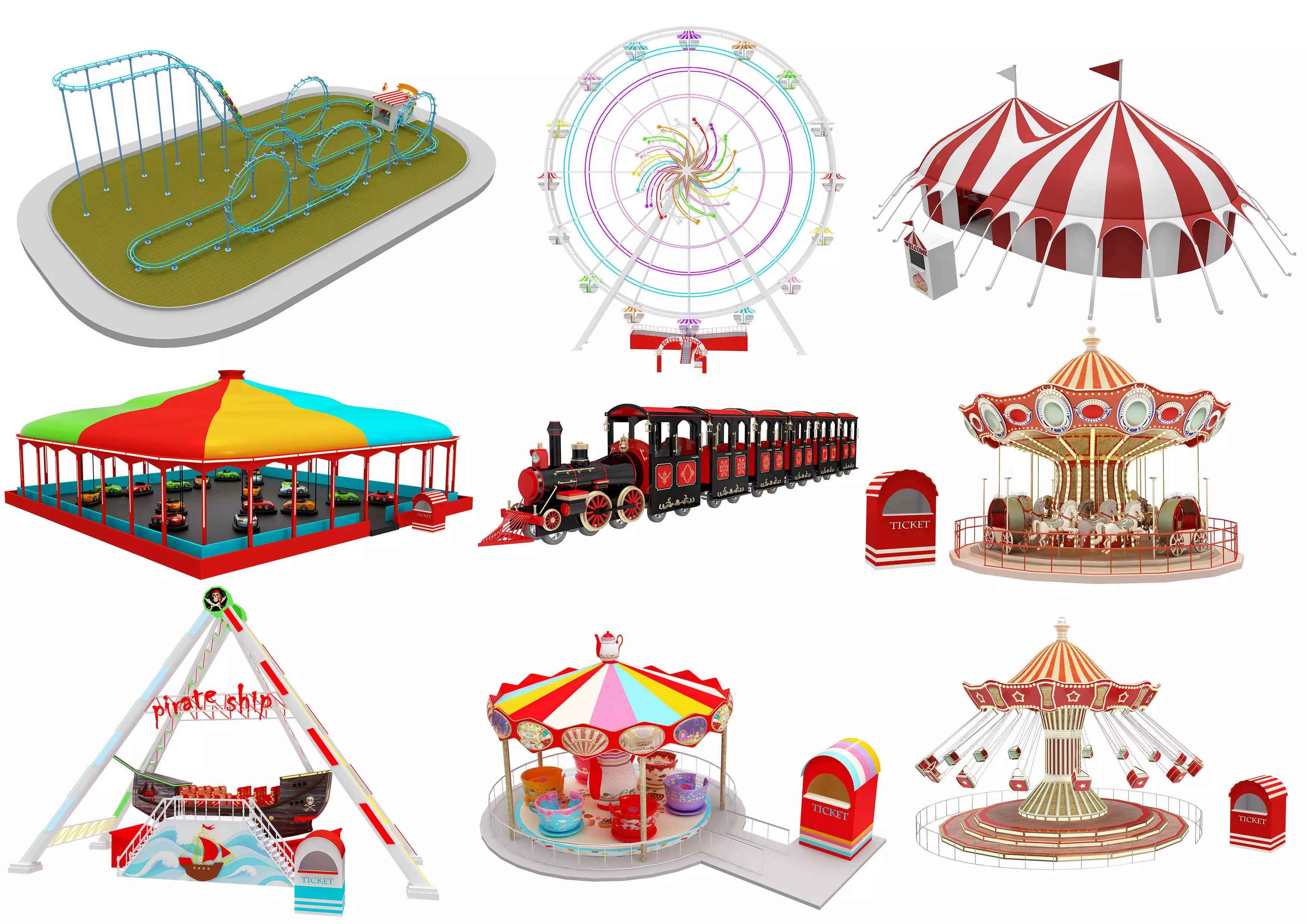 Amusement Park Equipment 9 Pieces 3D model_0