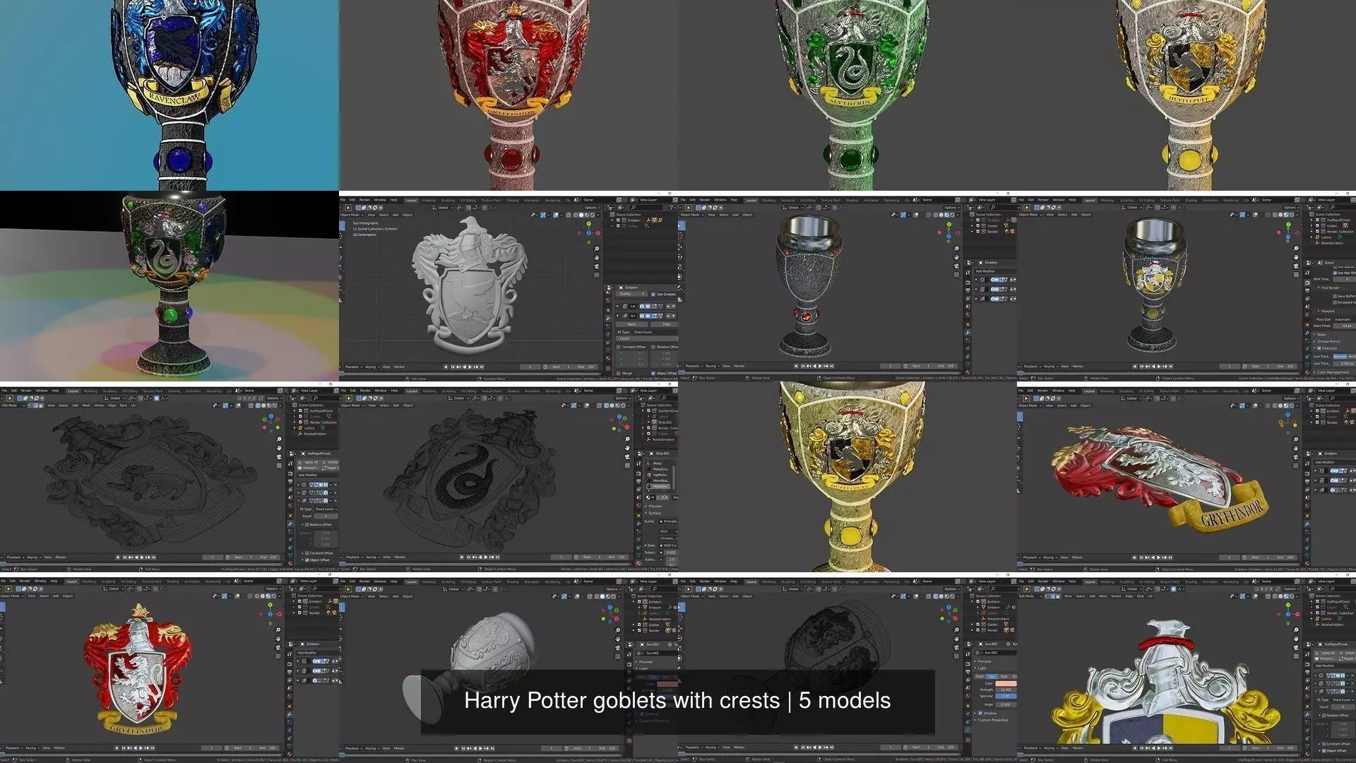 Harry Potter goblets with crests 3D Model Collection_1