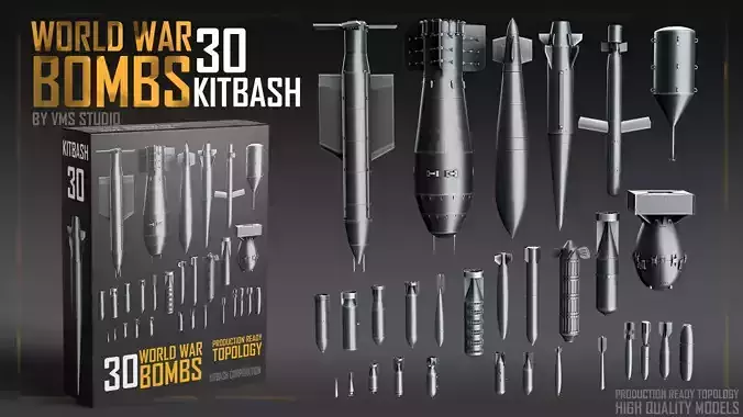 World War Bombs KITBASH bundle -30 Unique Rockets and Bombs Low-poly 3D model